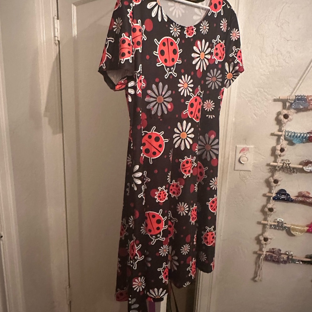 Playful Ladybug and Floral Print Midi Dress